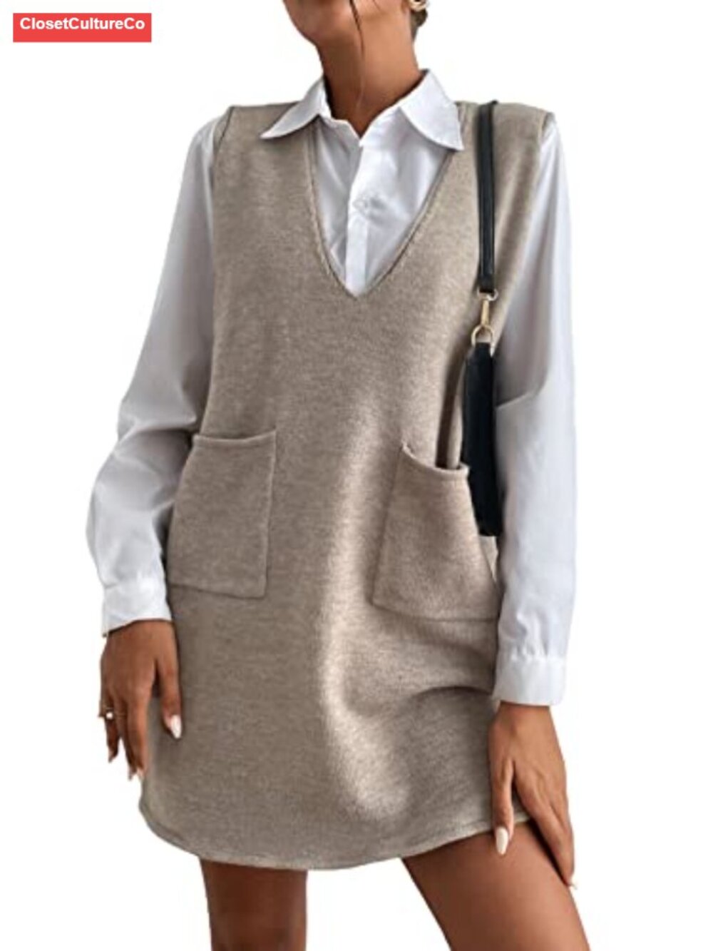 Womens V Neck Sweater Vest Dress Sleeveless Loose Fit Fall Overall Dress
